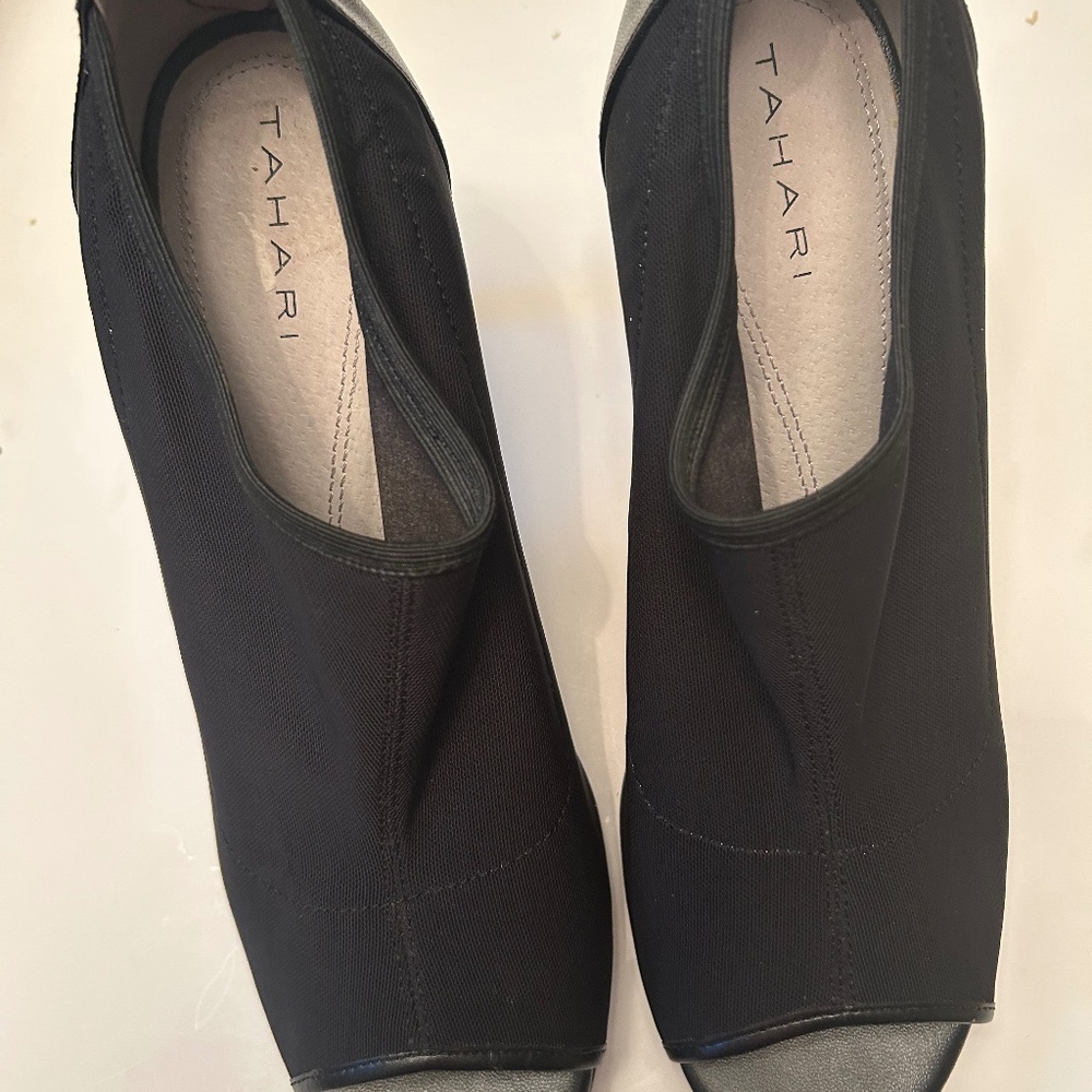 Black Peep Toe Nylon /  4” Leather Heels